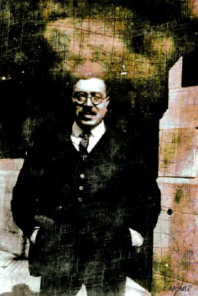 A Structural Mind — digital painting of Wiener with crosshatch texture overlay