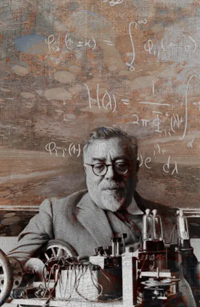 Boardrobot Sepia — Wiener with cybernetic robot and equations in sepia tones