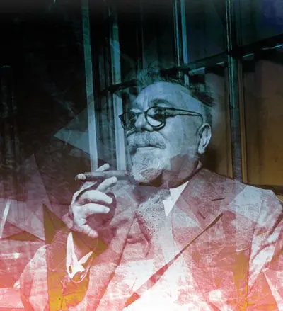 Life — digital painting of Wiener smoking cigar with geometric overlay and warm color blend