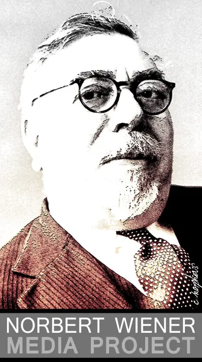 Norbert Wiener Media Project — high-contrast mezzotint portrait with project title text