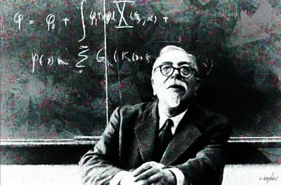 Chalkboard — digital painting of Wiener seated before chalkboard equations with textured dark tones