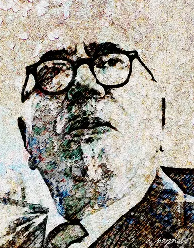 Natural Decay Stucco — close-up portrait with warm stucco texture and bold glasses