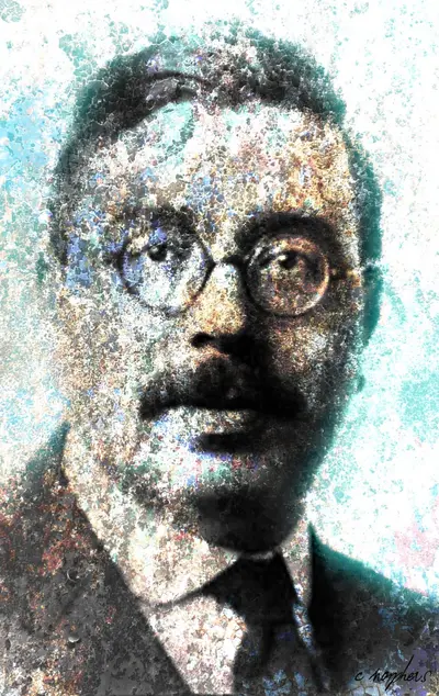 Backlight Bloom — pointillist-style portrait of young Wiener with turquoise tones