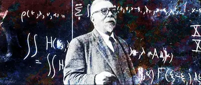 Chalk Colorful — Wiener standing before equations with rich blue and green textured overlay