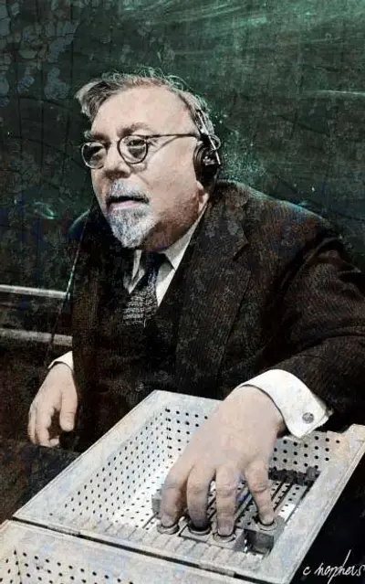 Self Test — colorized painting of Wiener wearing headphones at electronic device