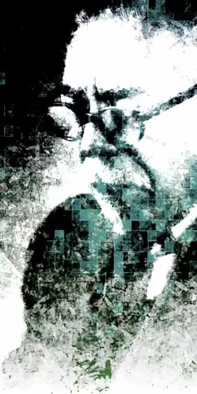 Checks — high-contrast teal portrait of Wiener smoking a cigar with checkered texture